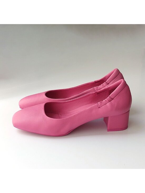 La Moderniste Shoes - Supple Soft Leather Bubble Gum Barbie Pink Low Block Heel Pumps Shoes 8.5/39